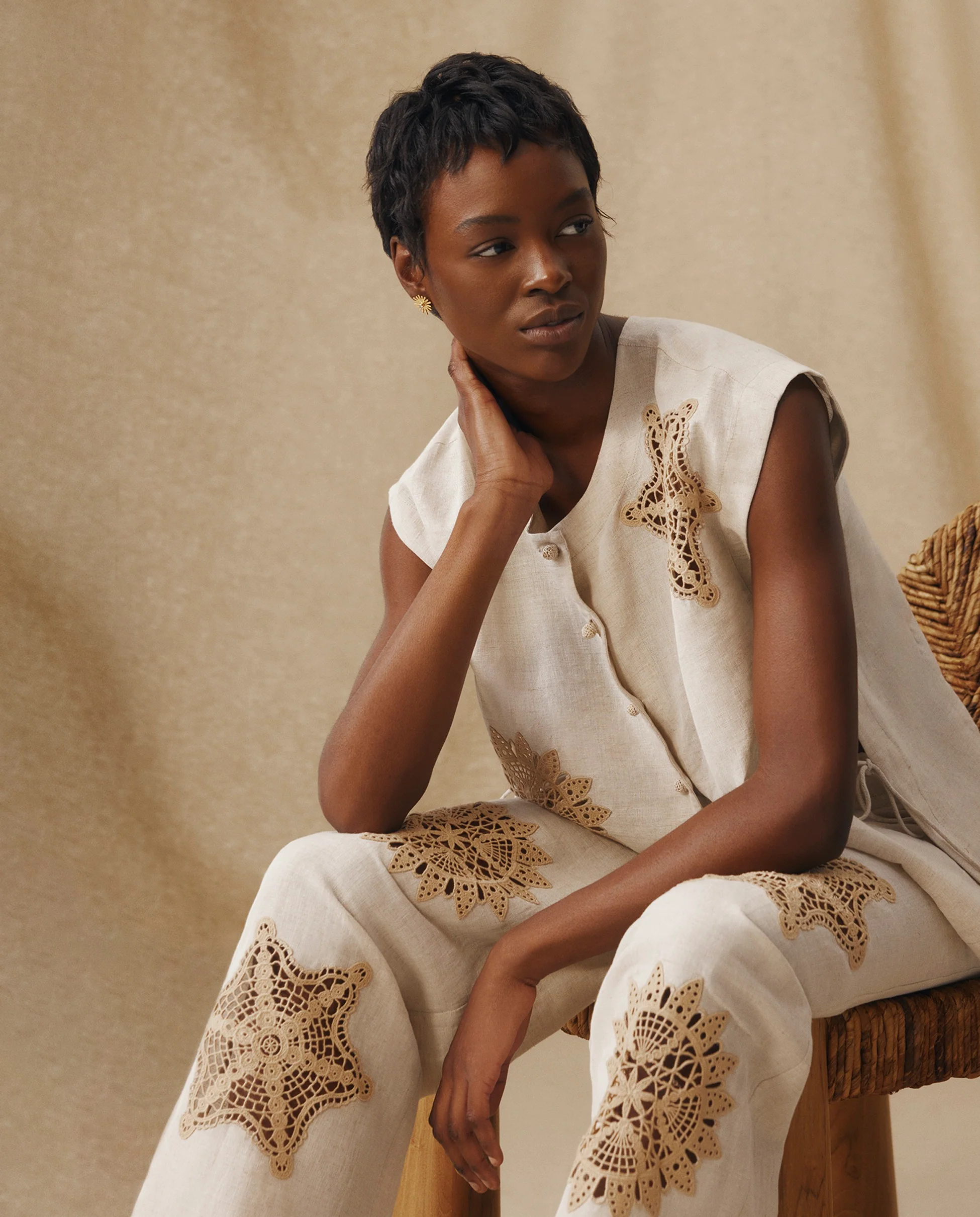 SOMA | Beige Embroidered Cotton-Linen Blouse - Image 2