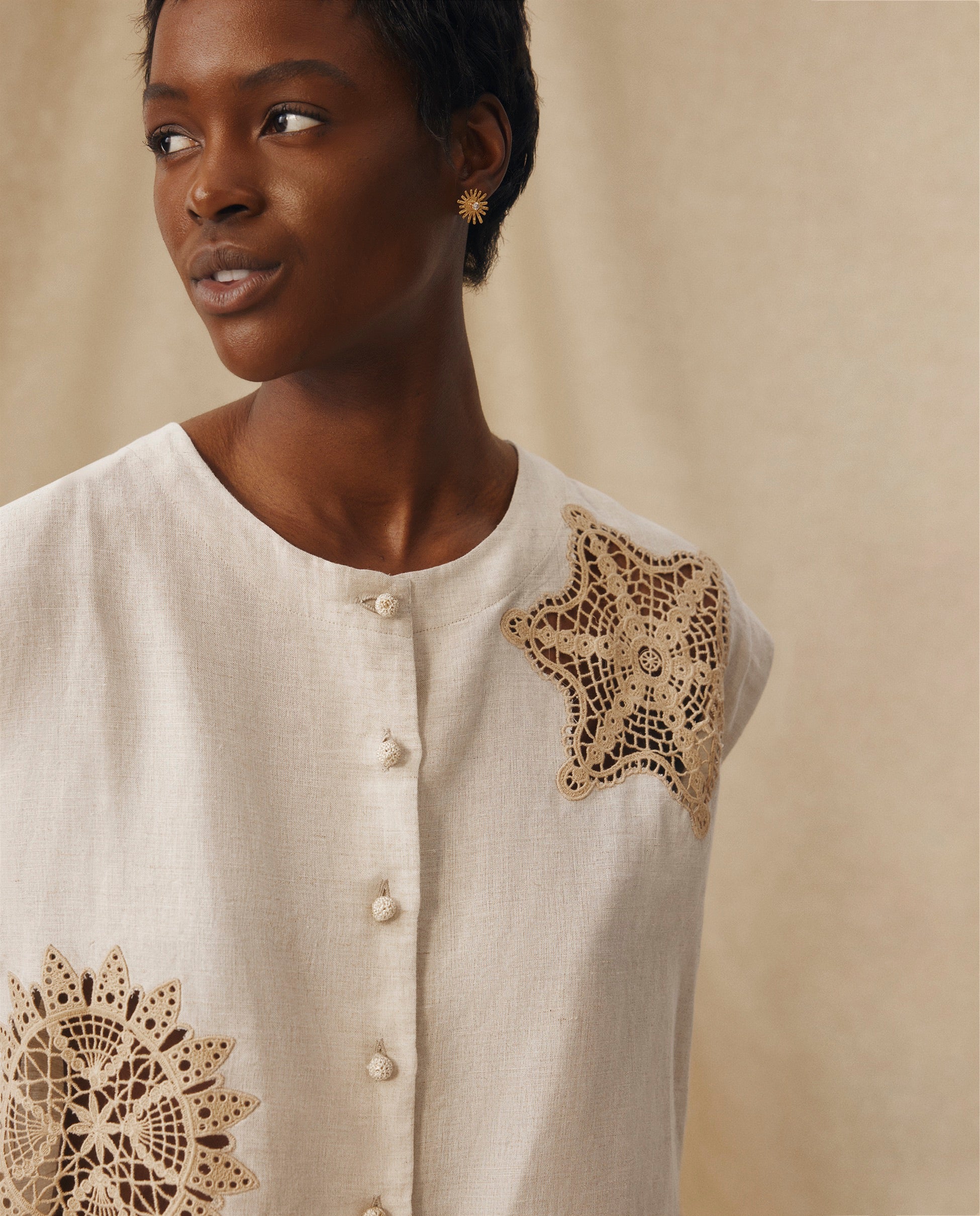 SOMA | Beige Embroidered Cotton-Linen Blouse - Image 3