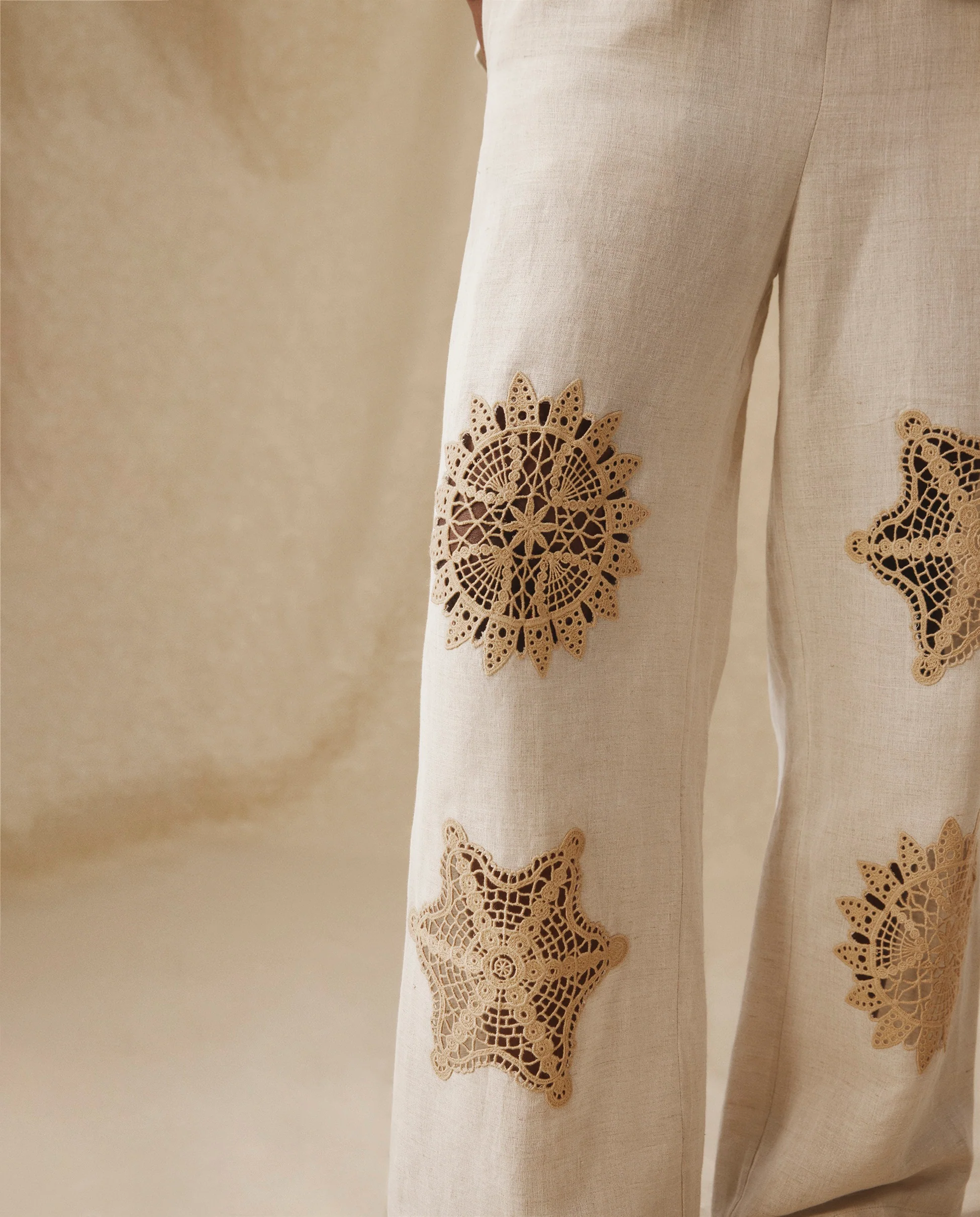 SOMA | Beige Embroidered Linen-Cotton Wide Leg Trousers - Image 2