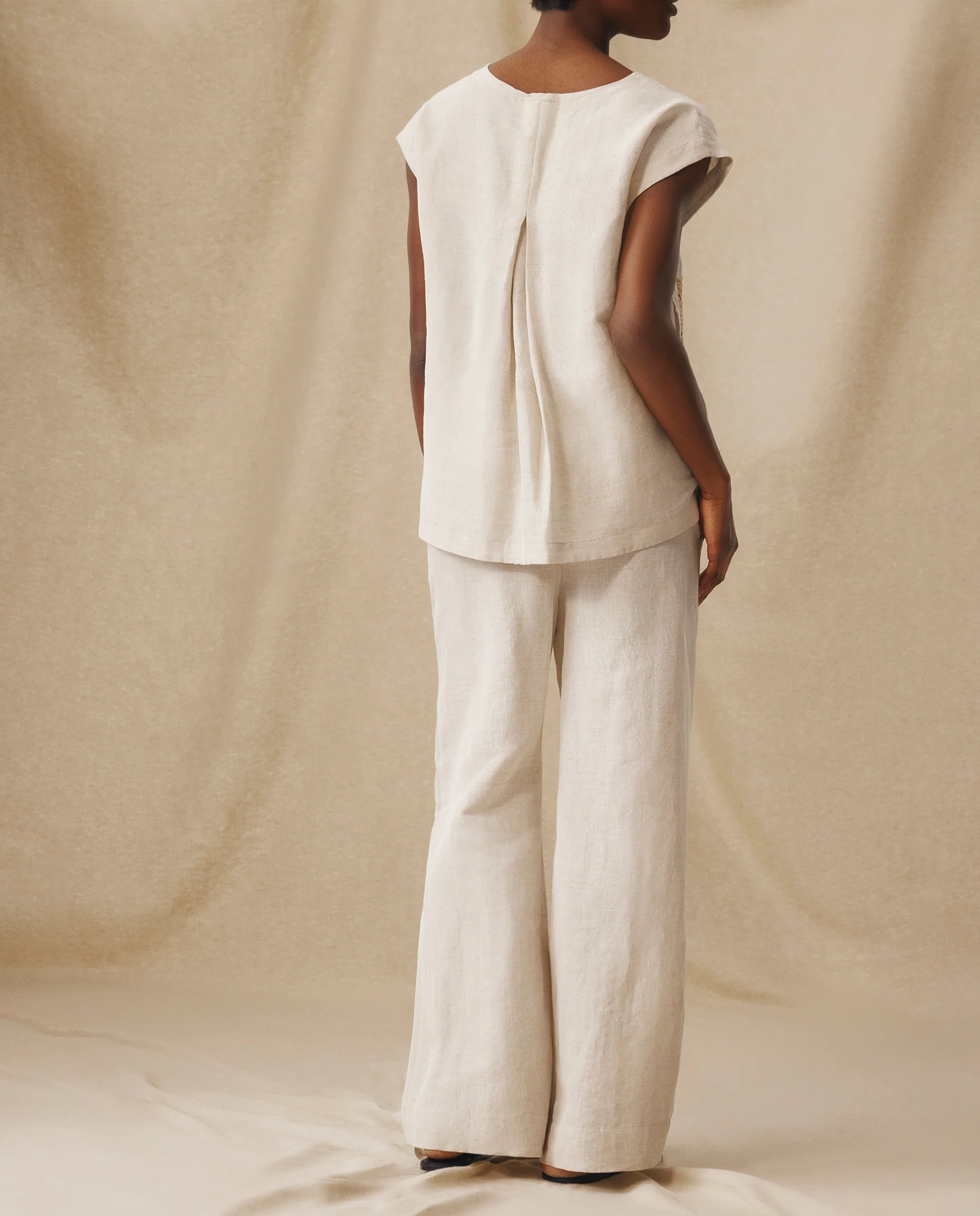 SOMA | Beige Embroidered Linen-Cotton Wide Leg Trousers - Image 3
