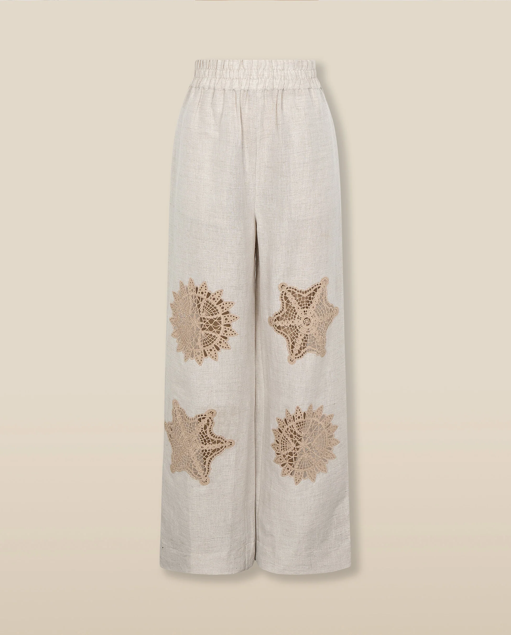 SOMA | Beige Embroidered Linen-Cotton Wide Leg Trousers - Image 4
