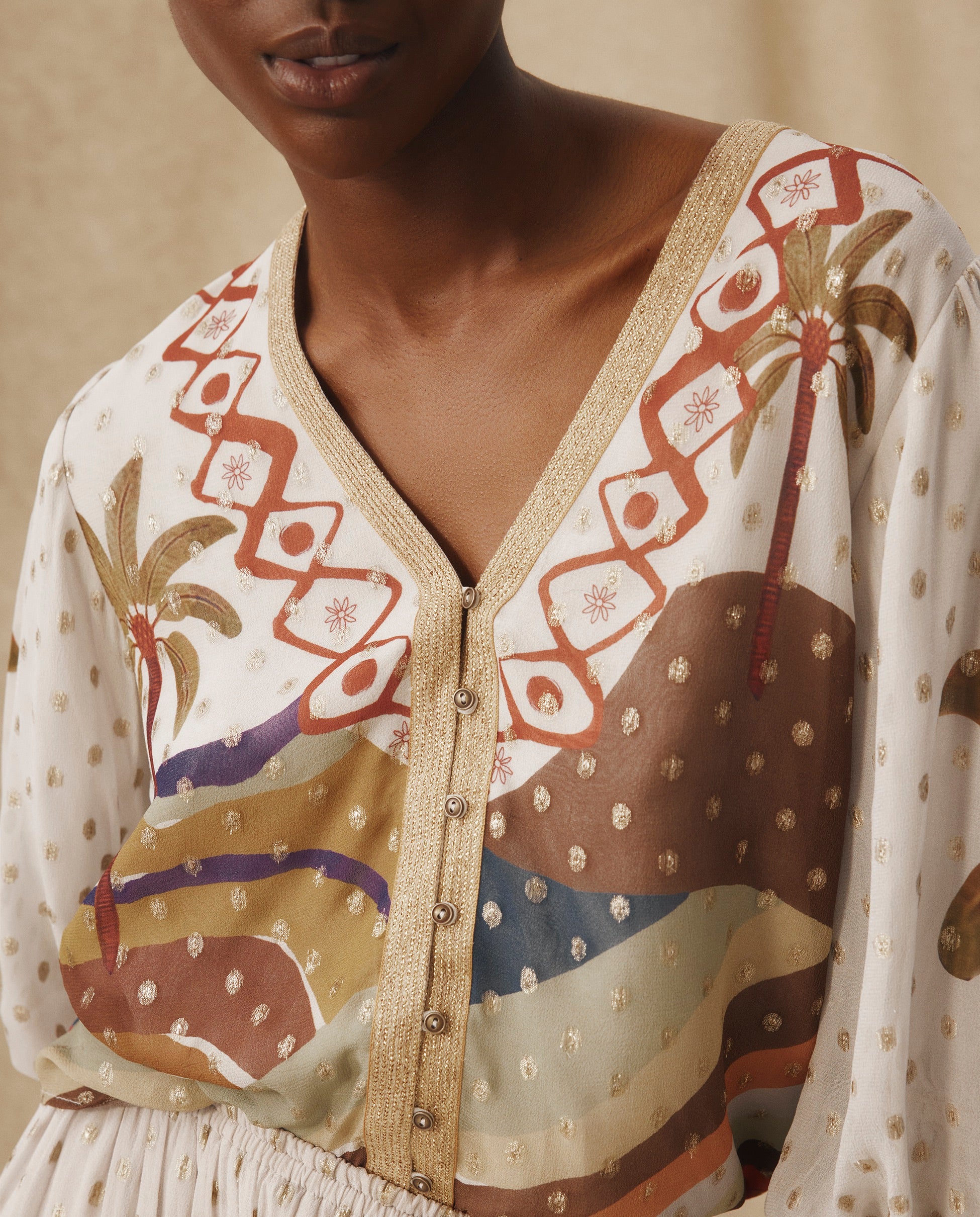 VEDHA | Ecru Multi Palm Printed Blouse - Image 2