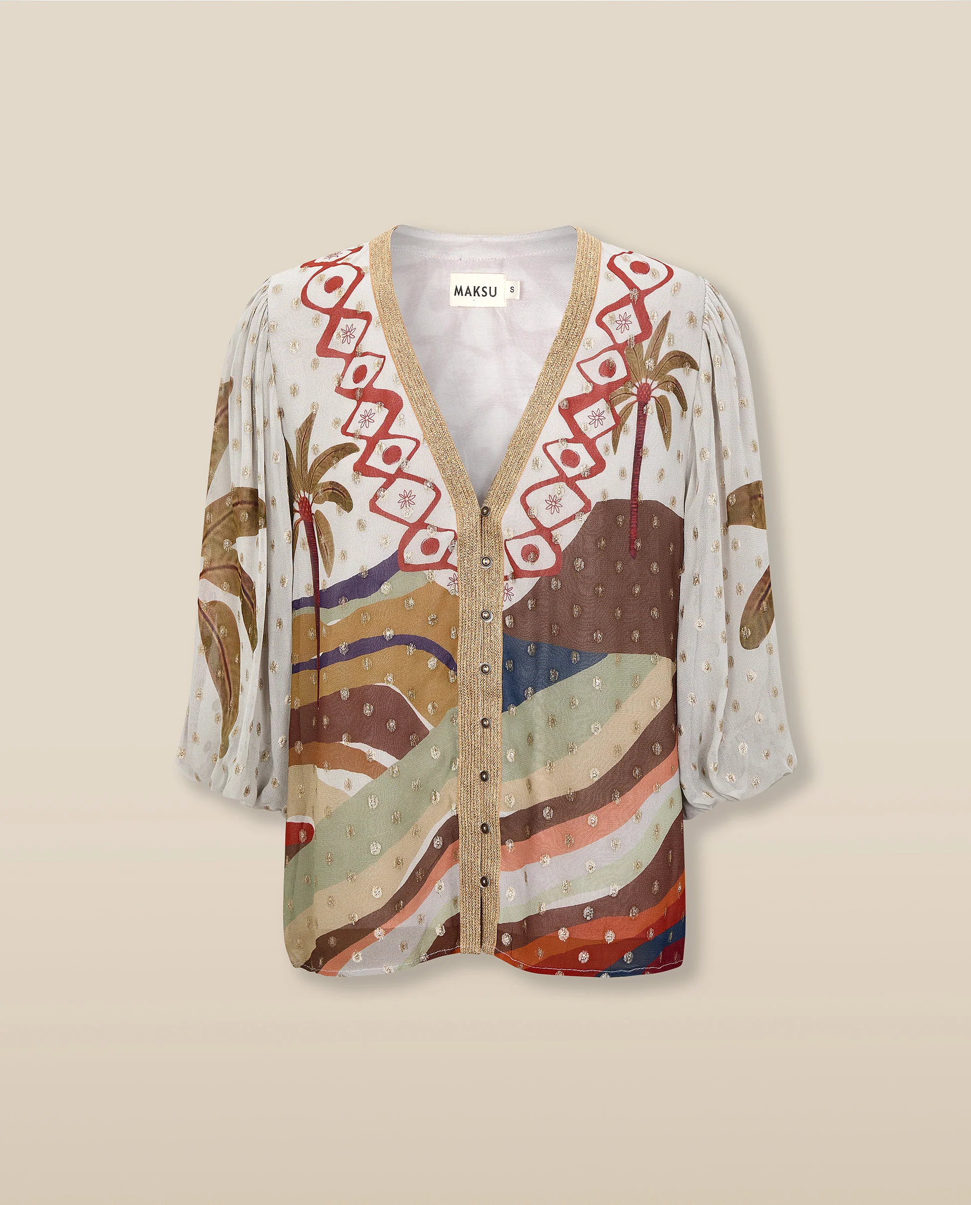 VEDHA | Ecru Multi Palm Printed Blouse - Image 4