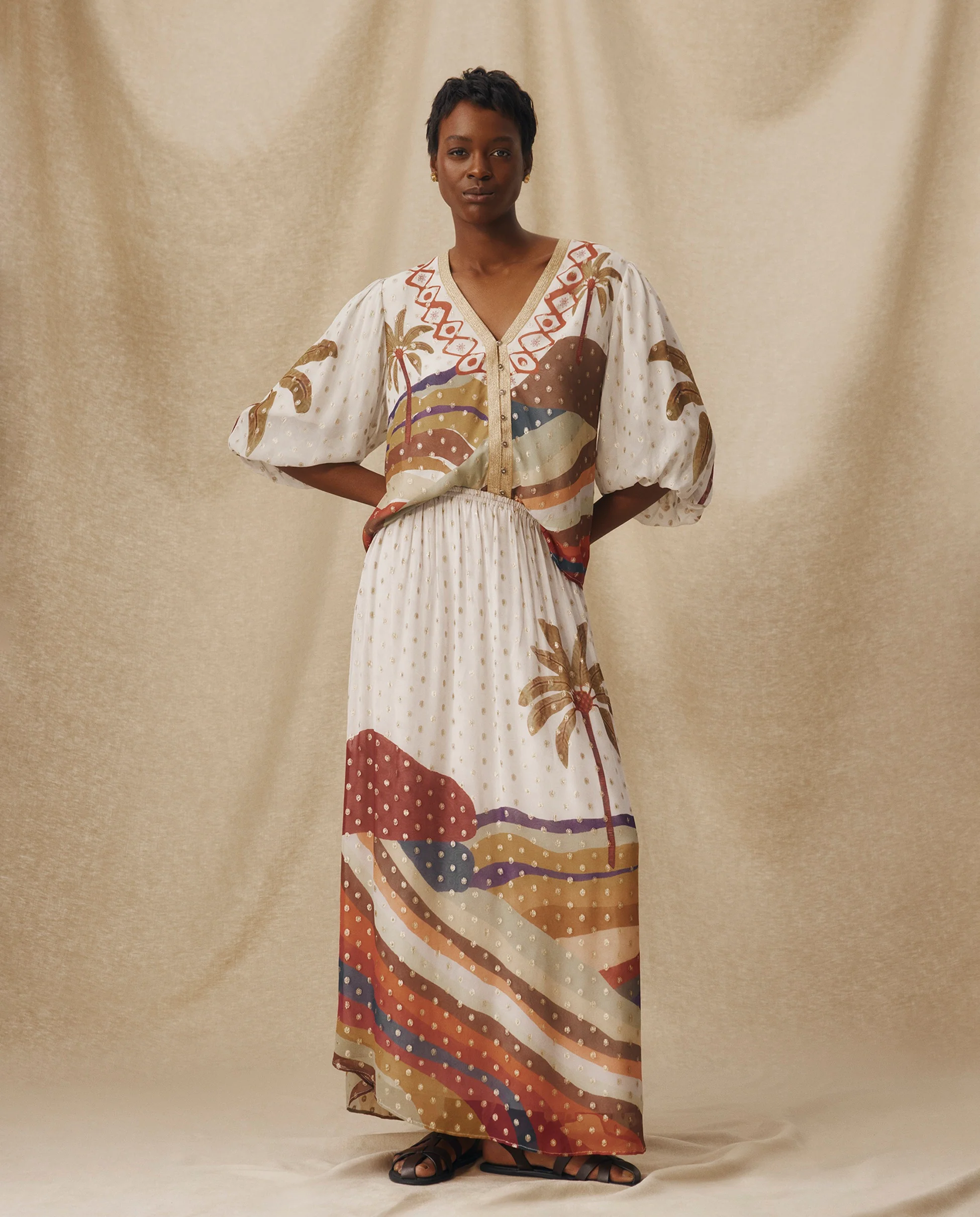 VEDHA | Ecru Multi Palm Printed Skirt - Image 2