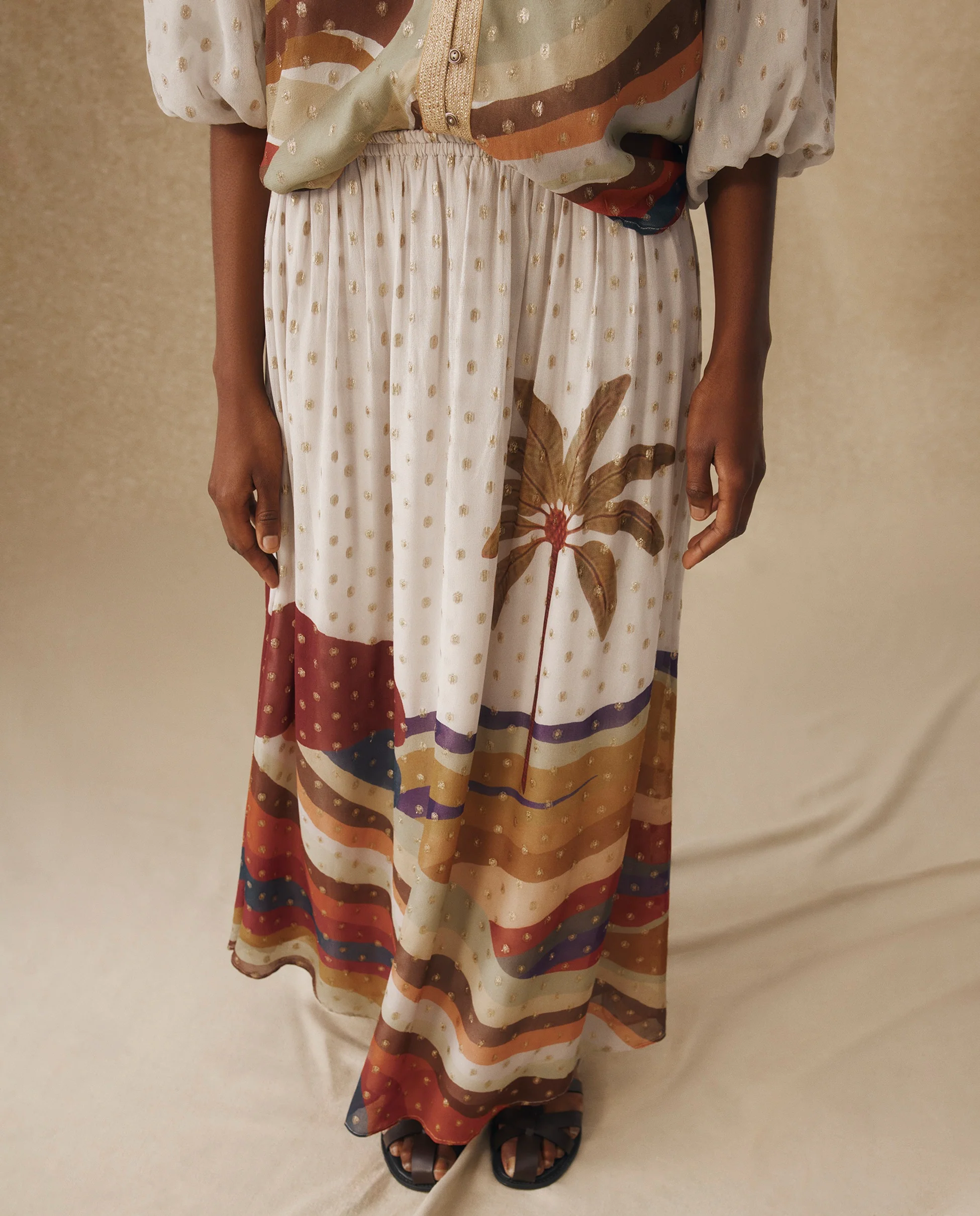 VEDHA | Ecru Multi Palm Printed Skirt - Image 3