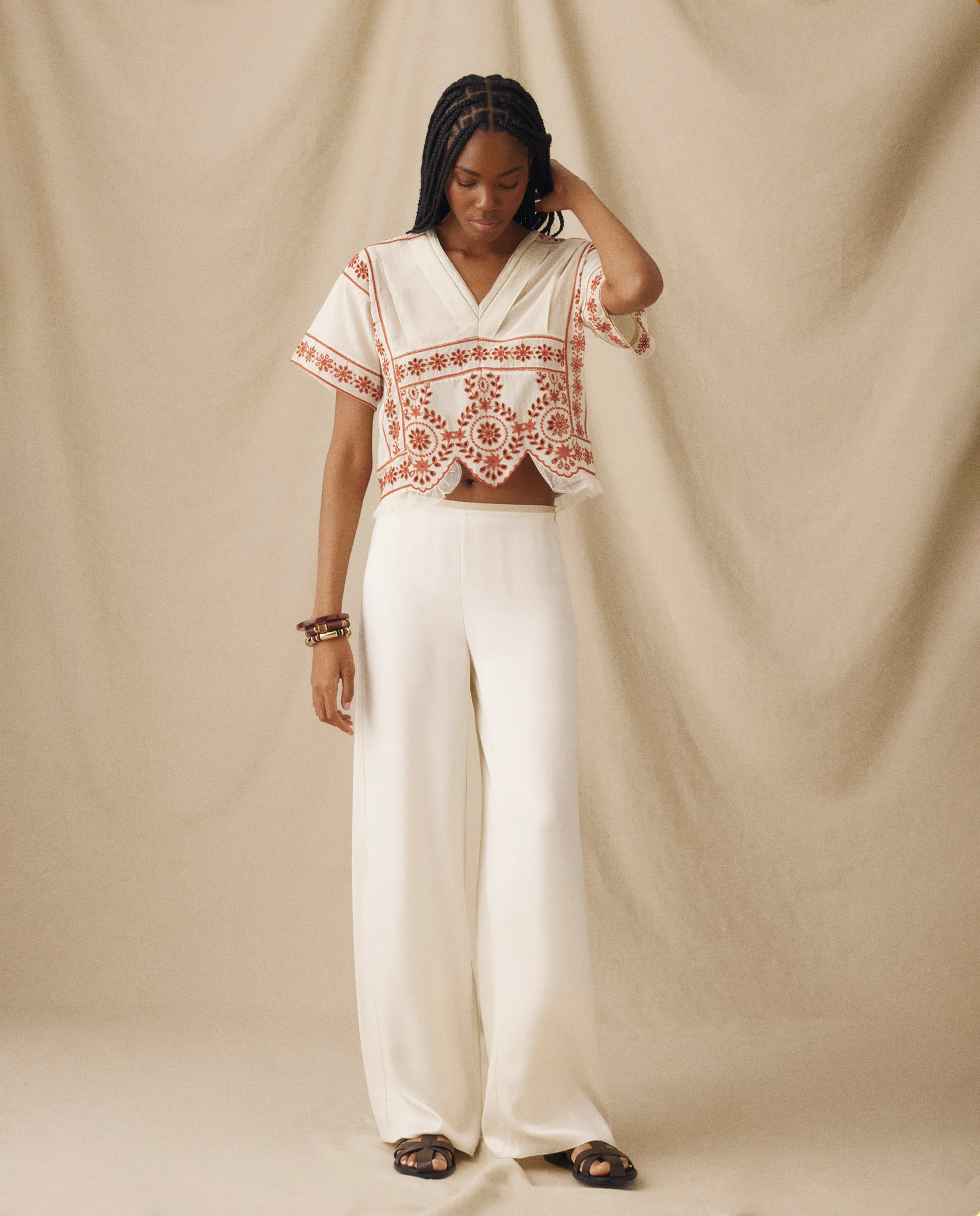 VINTAGE | Ecru & Burnt Orange Embroidered Cotton Blouse - Image 3