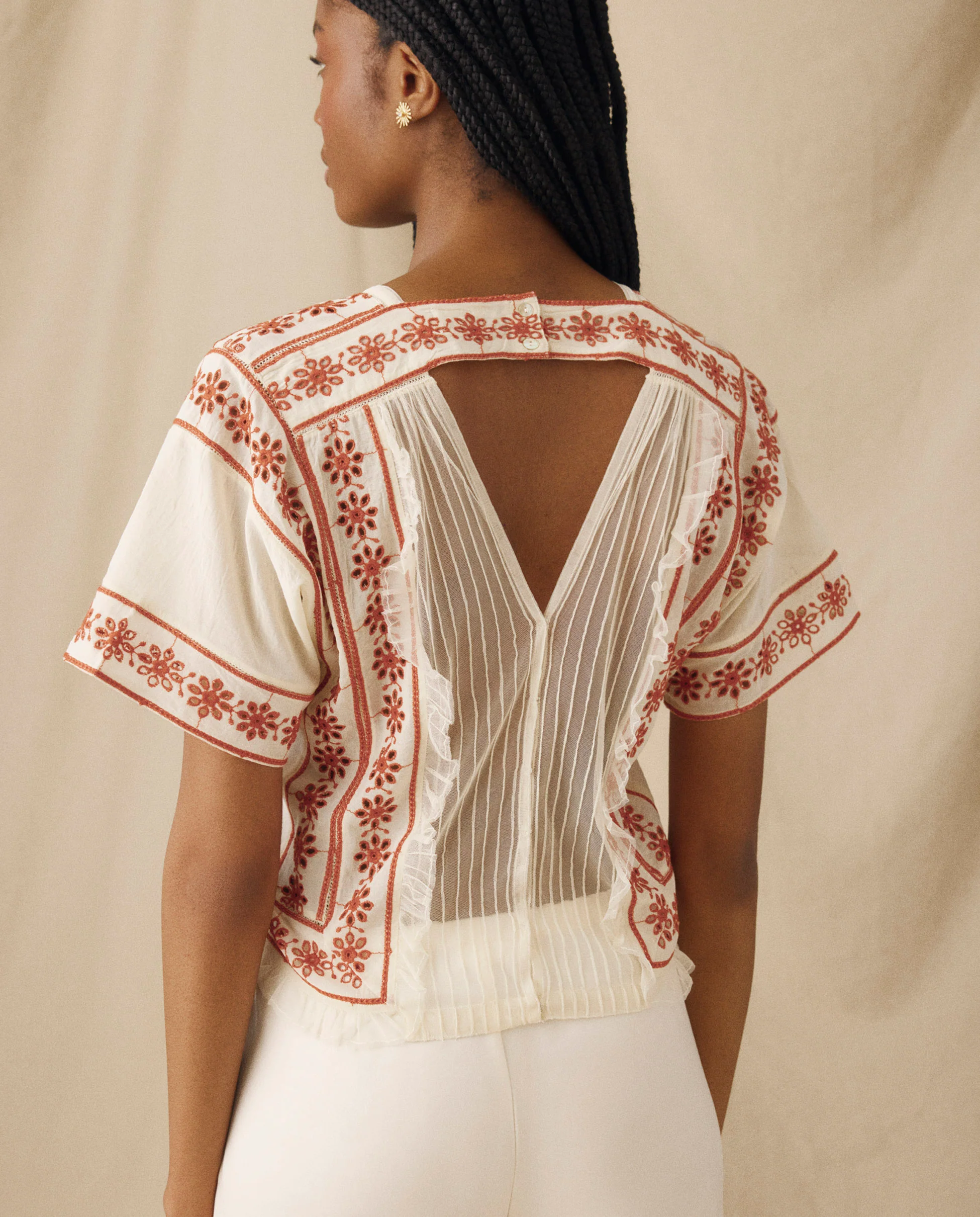 VINTAGE | Ecru & Burnt Orange Embroidered Cotton Blouse - Image 4