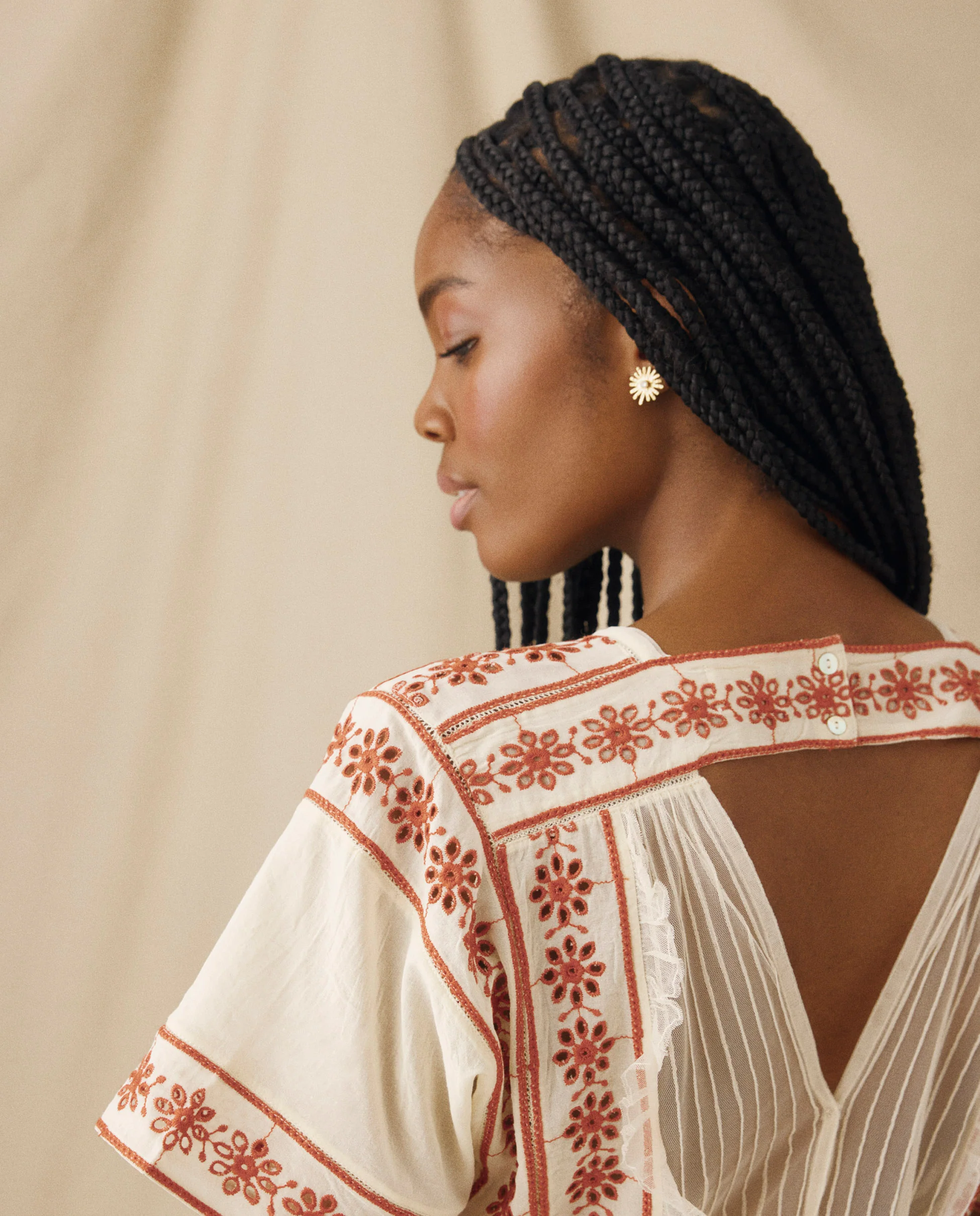 VINTAGE | Ecru & Burnt Orange Embroidered Cotton Blouse - Image 5