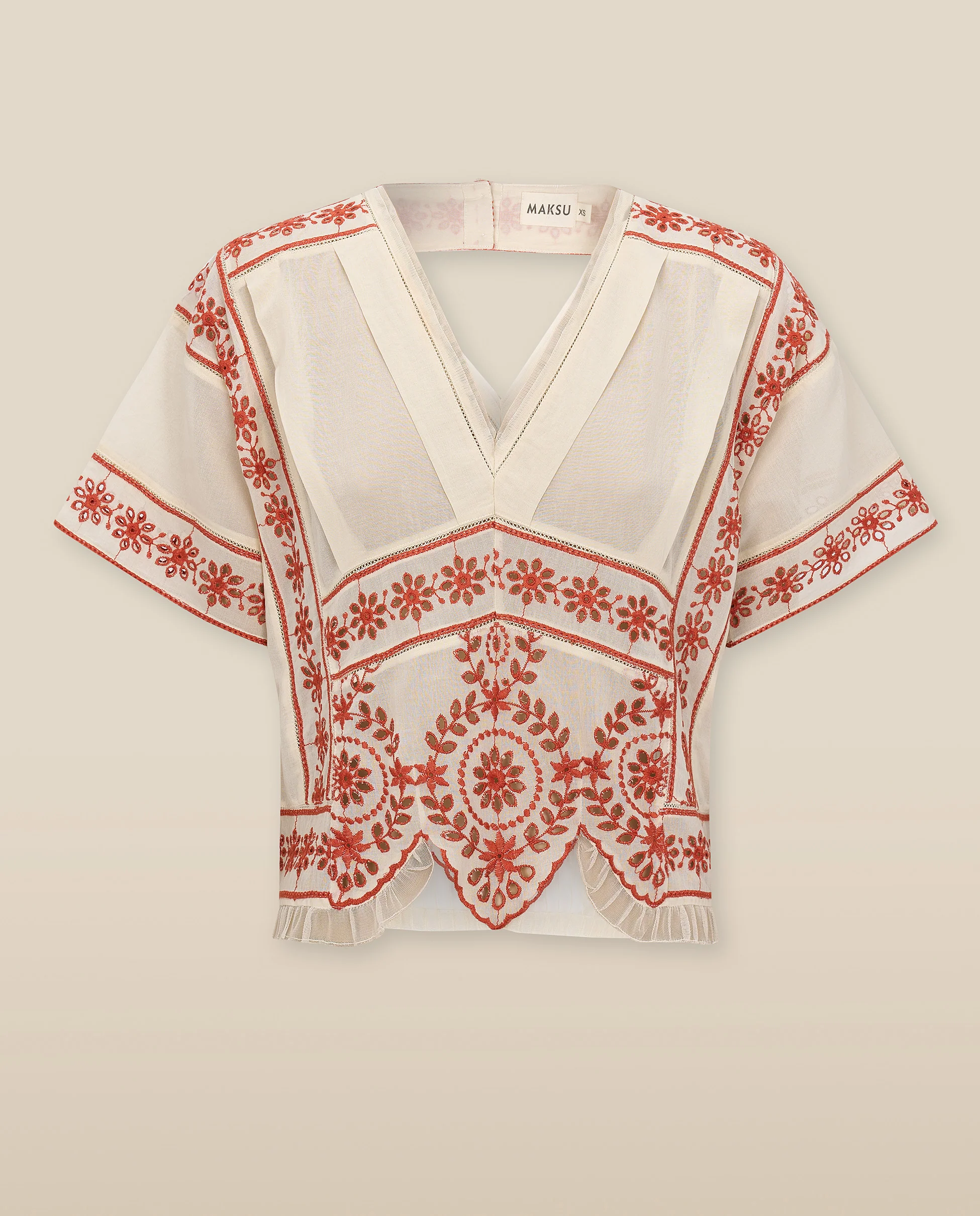 VINTAGE | Ecru & Burnt Orange Embroidered Cotton Blouse - Image 6