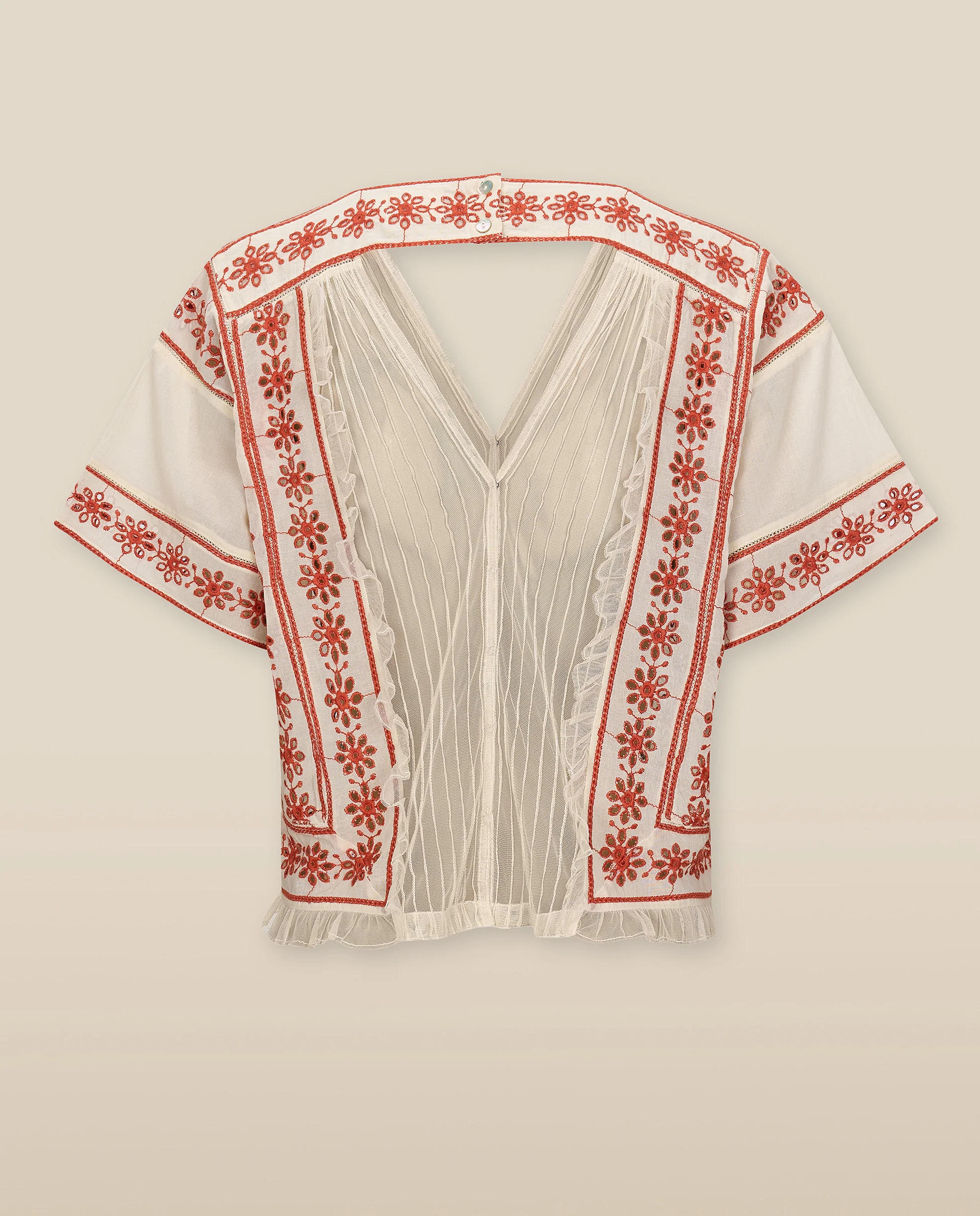 VINTAGE | Ecru & Burnt Orange Embroidered Cotton Blouse - Image 7