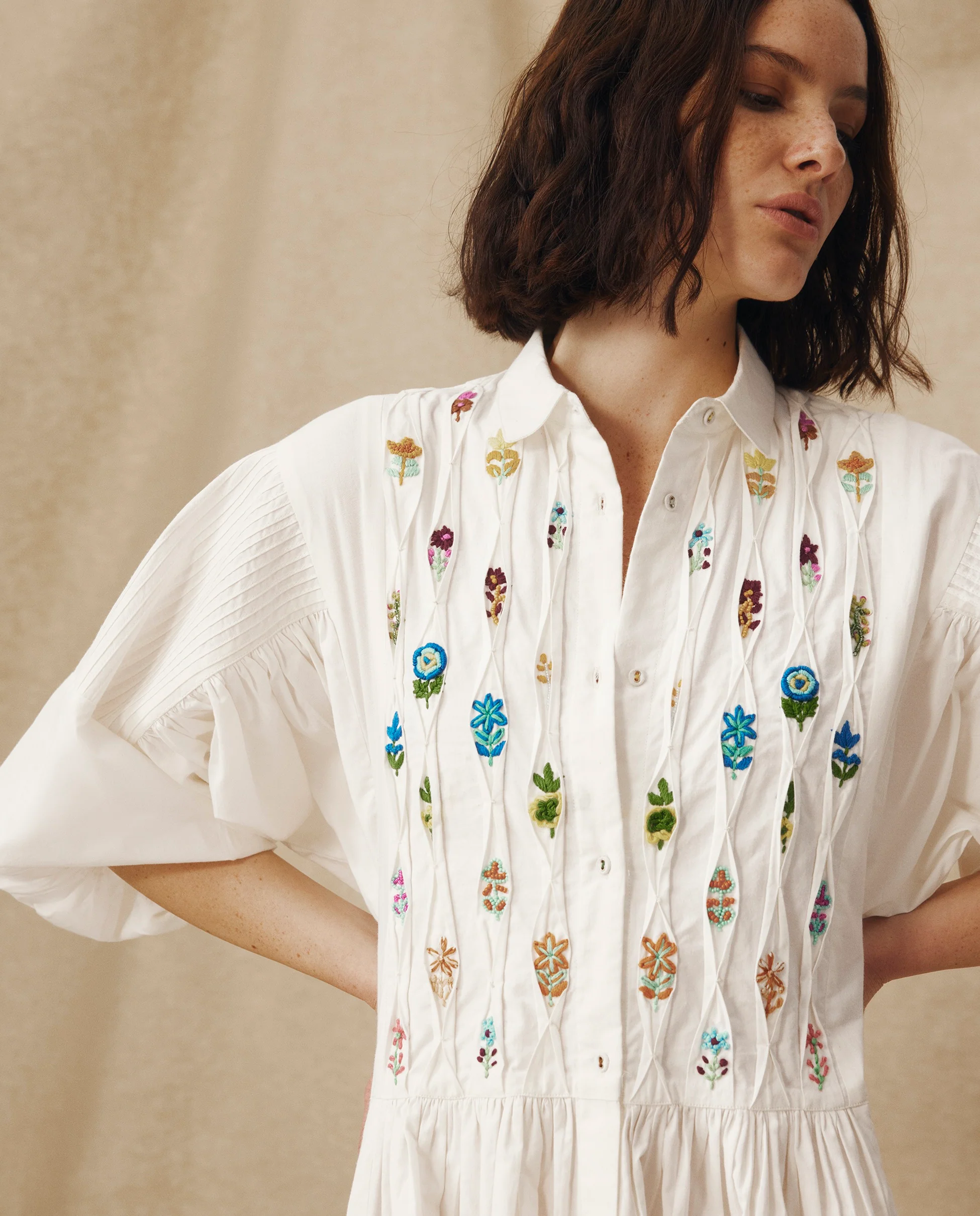 ZULIKA | White Embroidered Floral Motifs Cotton Midi Dress - Image 2
