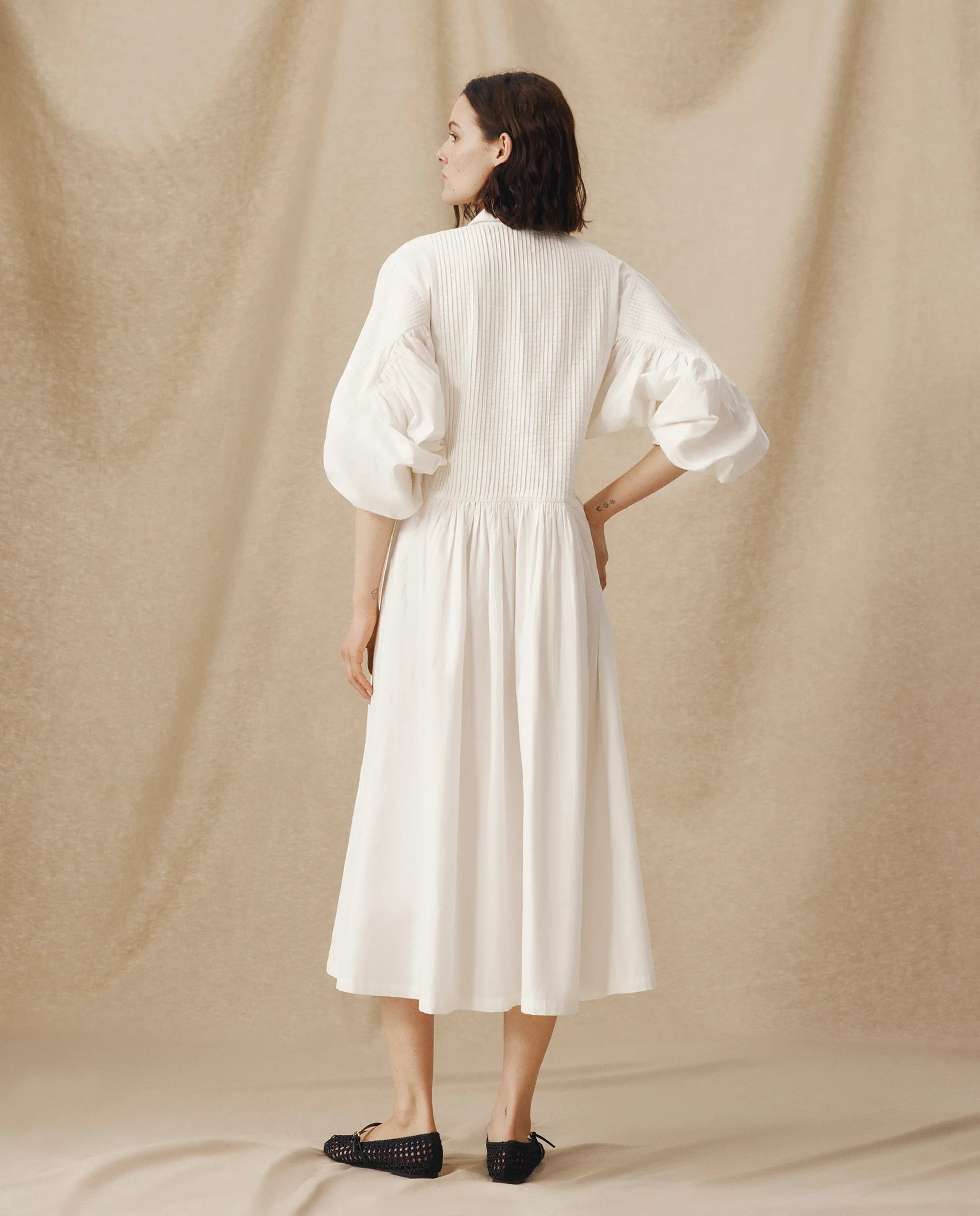 ZULIKA | White Embroidered Floral Motifs Cotton Midi Dress - Image 5