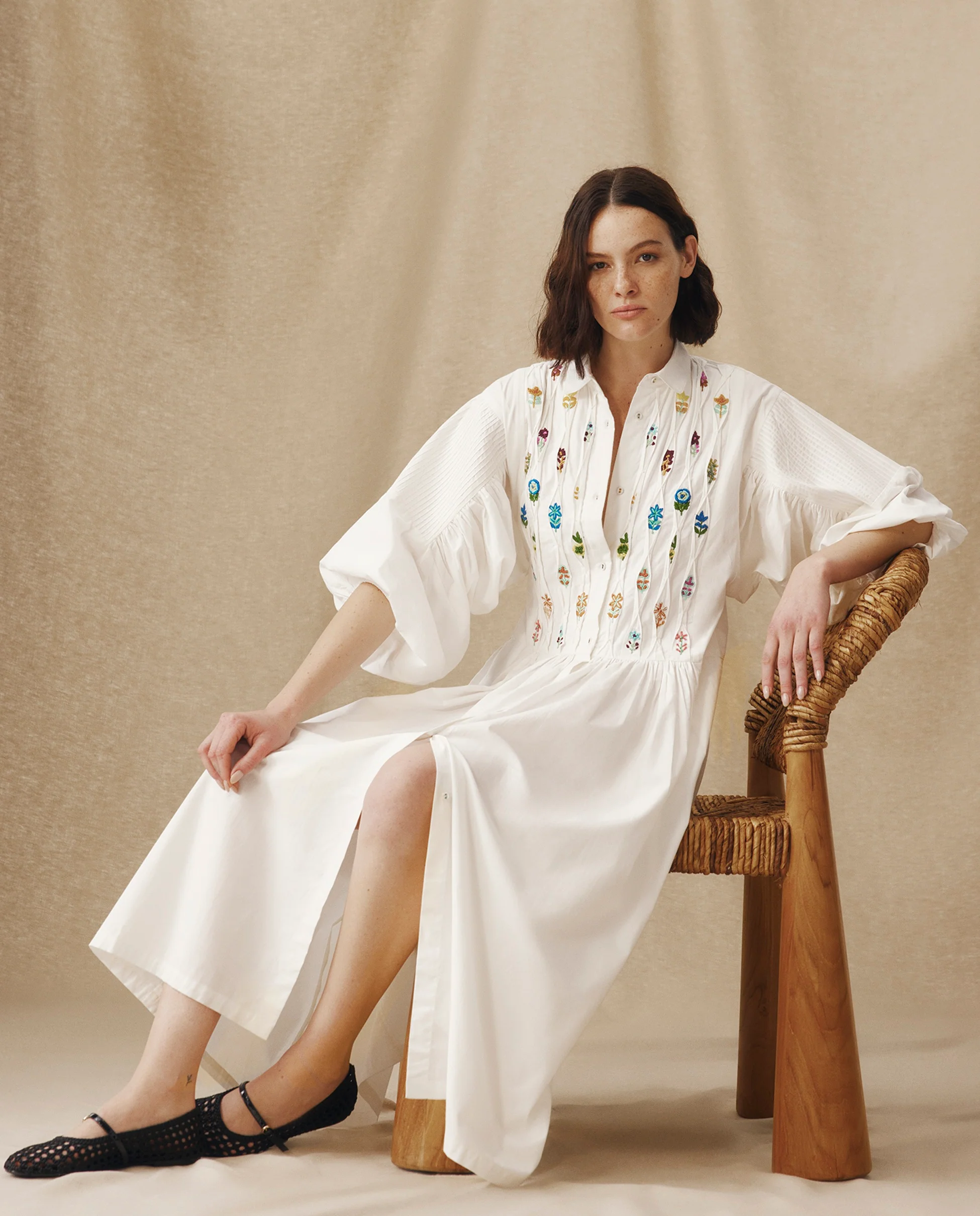 ZULIKA | White Embroidered Floral Motifs Cotton Midi Dress - Image 6