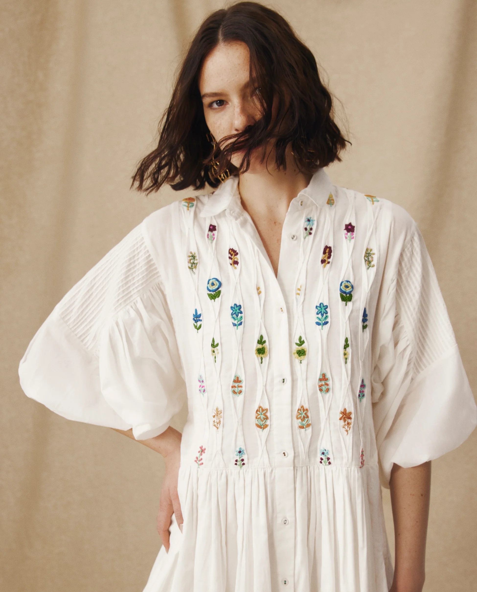 ZULIKA | White Embroidered Floral Motifs Cotton Short Dress - Image 3