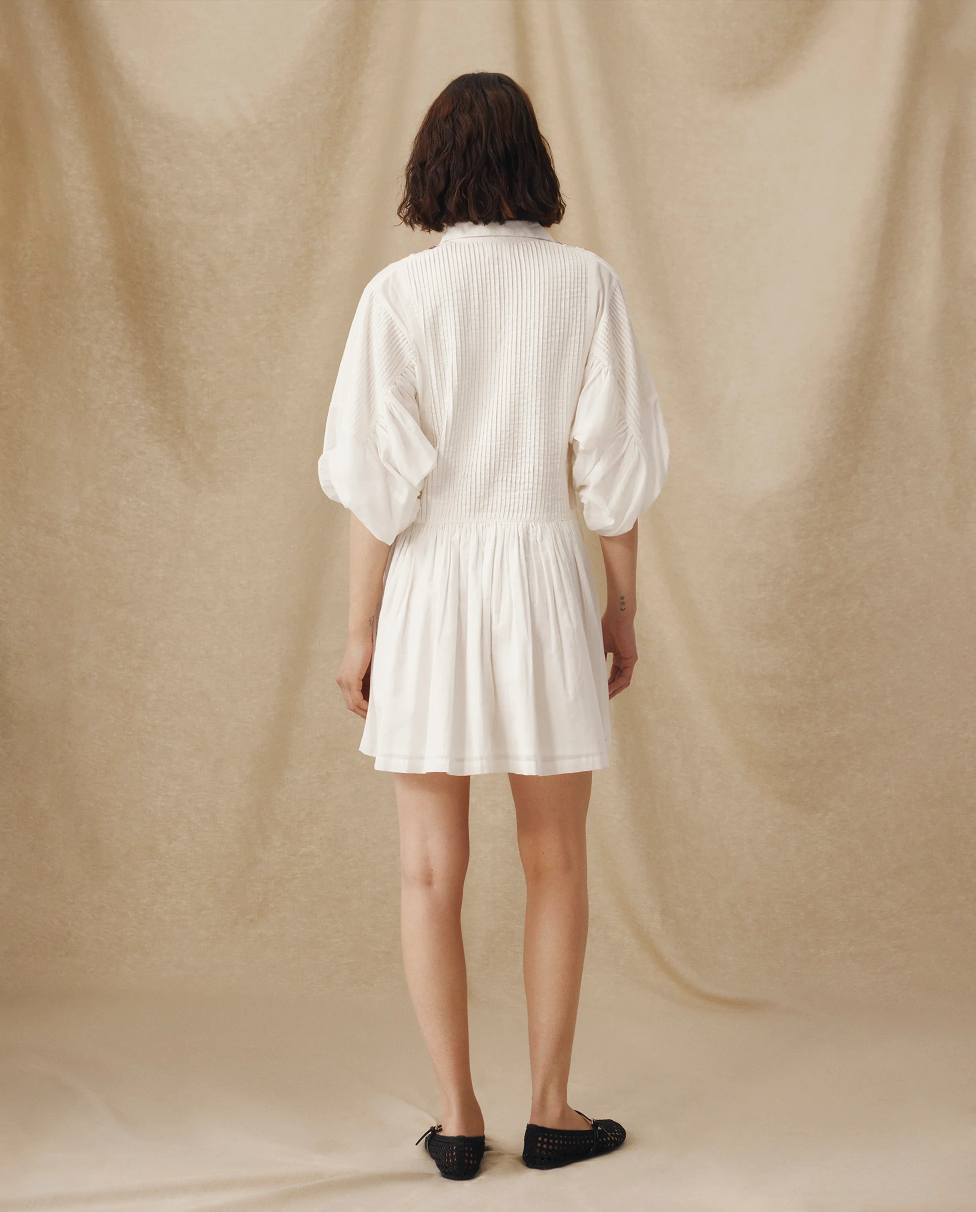 ZULIKA | White Embroidered Floral Motifs Cotton Short Dress - Image 4