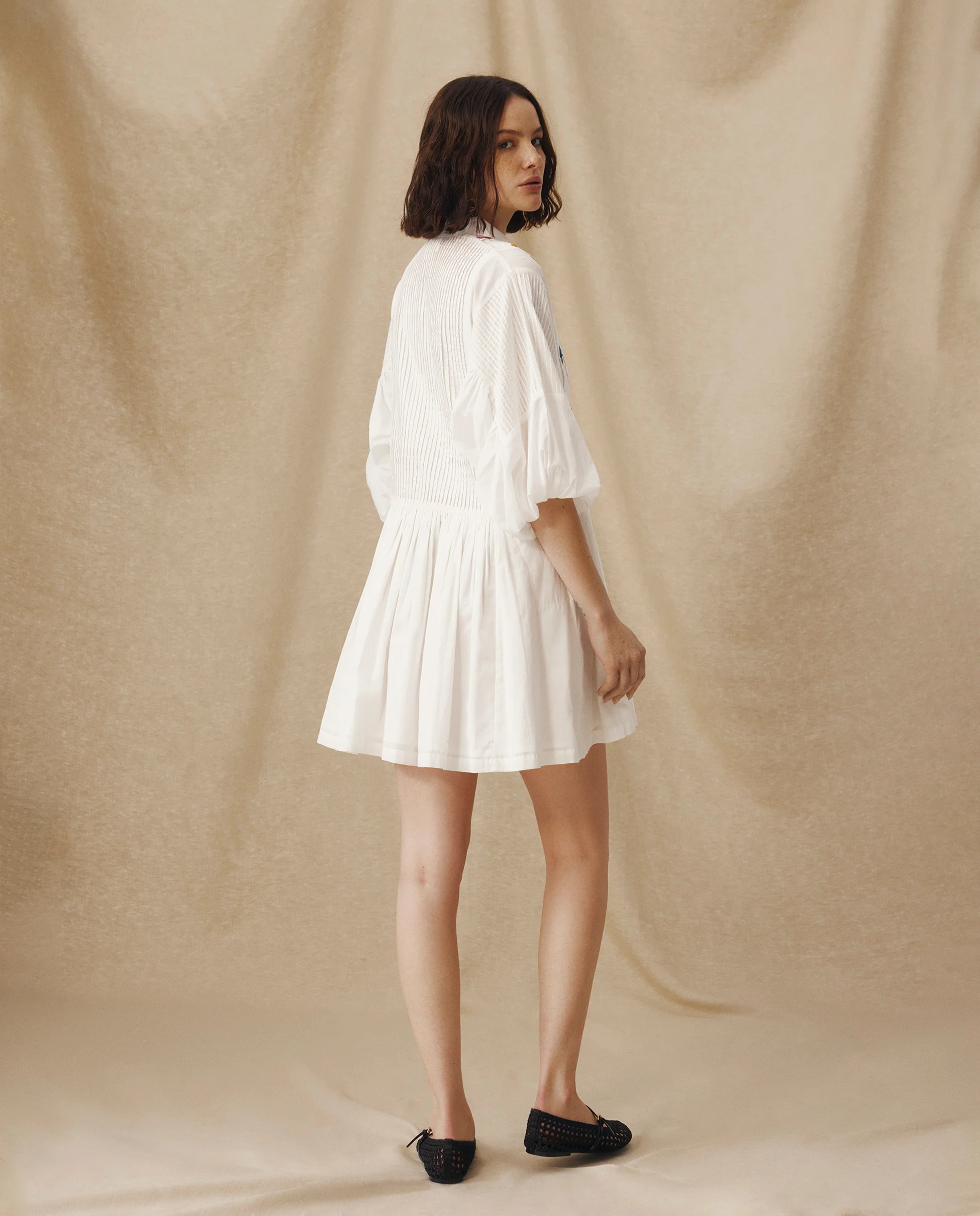 ZULIKA | White Embroidered Floral Motifs Cotton Short Dress - Image 5
