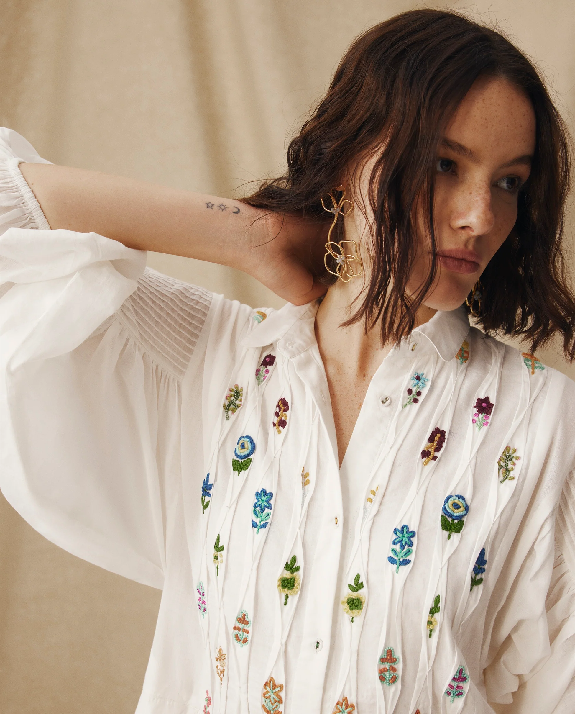 ZULIKA | White Embroidered Floral Motifs Cotton Short Dress - Image 6