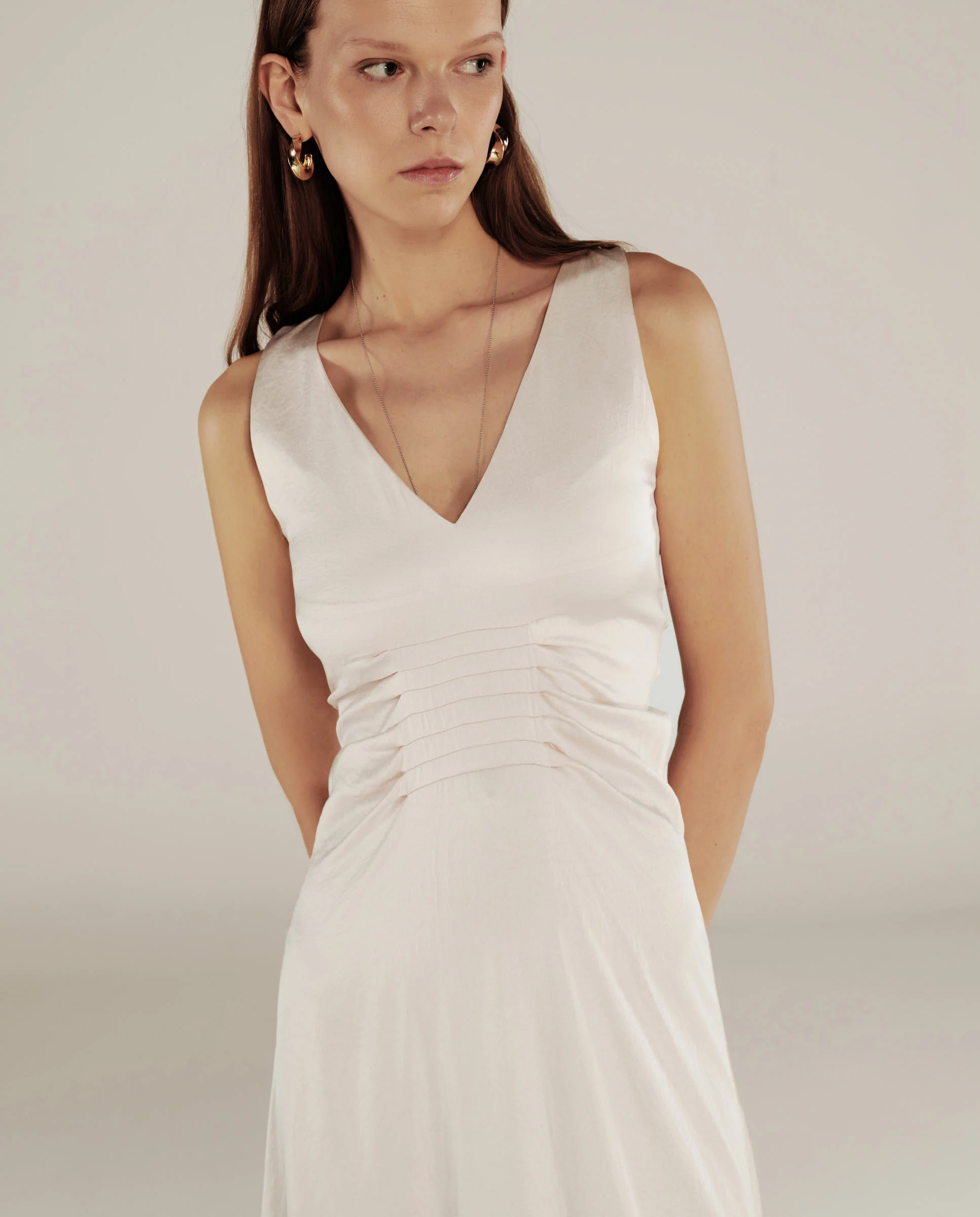 YUKTA | Ivory Pleat Front Satin Midi Dress - Image 3