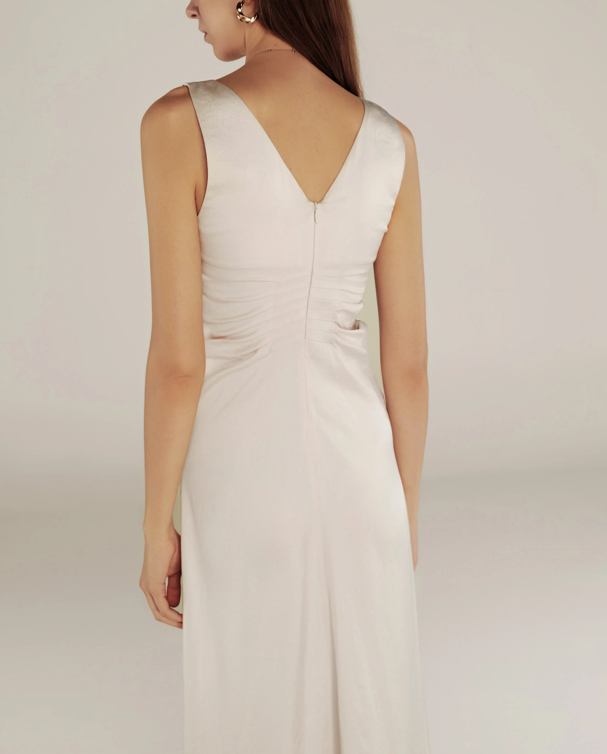 YUKTA | Ivory Pleat Front Satin Midi Dress - Image 4